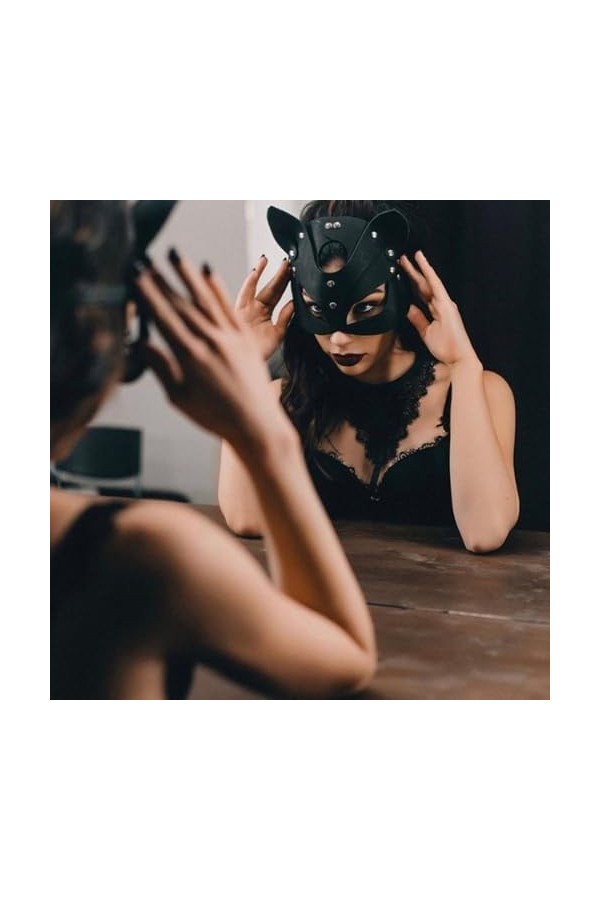 LASIEYO Masque de Catwoman Halloween, Masque Catwoman, Masque en Cuir PU Noir, Demi Masque Noir, Masque de Cuir de Chat de Vi