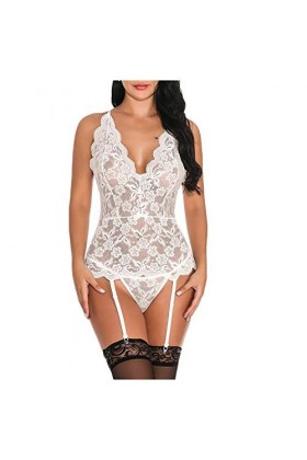 BOTCAM Ensemble de lingerie sexy pour femme avec boutons en dentelle et col en V, Blanc., XXL