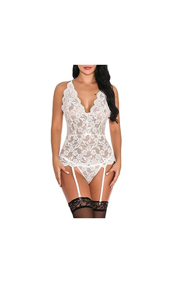 BOTCAM Ensemble de lingerie sexy pour femme avec boutons en dentelle et col en V, Blanc., XXL