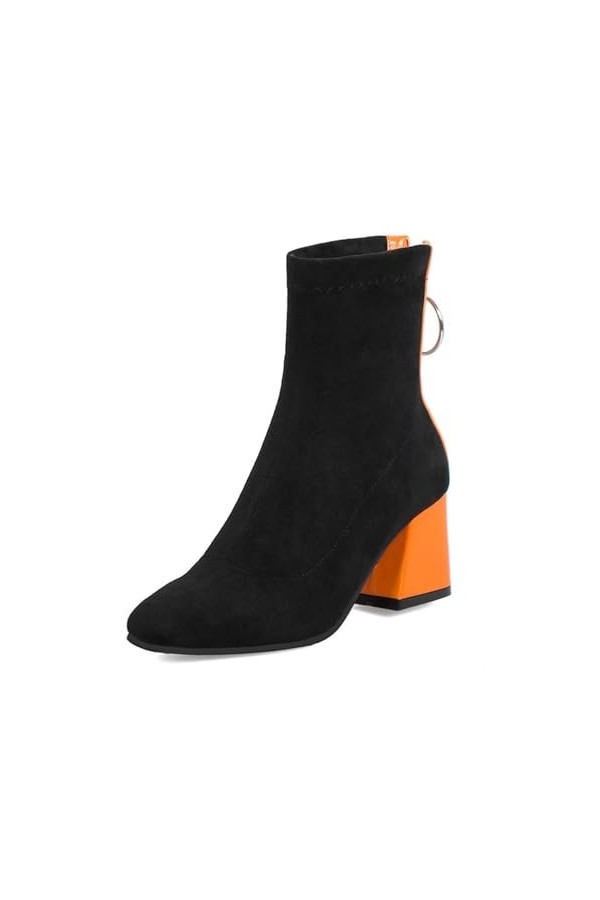 WOkismD Automne et Hiver Givré Suède Couleur-Bloqué Rond Toe Épais Talon Femmes Unique Bottes avec Fermeture Éclair Retour Ha
