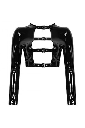 Haut humide en cuir creux sur le devant avec boucle, noir, taille XXL