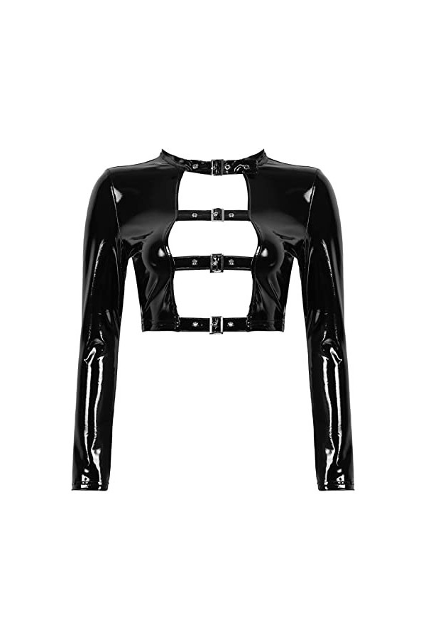 Haut humide en cuir creux sur le devant avec boucle, noir, taille XXL