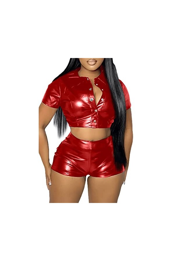 GuoQiao - Chemise courte pour femme style Insgram - Taille haute - En simili cuir - Moulante - Mini pantalon court sexy - Tis