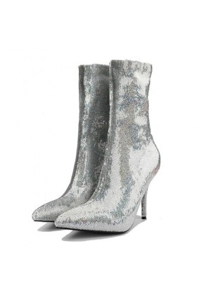 WOkismD 10CM / 3.93IN Grande Taille Super High Heel Bout Pointu Élastique Bas Bottes Courtes Féminine Stiletto Talon Catwalk 