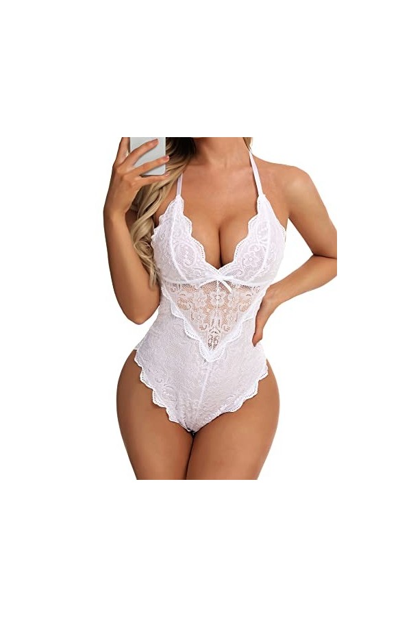 Aranmei Body sexy à lentrejambe pour femme coquine une pièce en dentelle, Rouge, XL