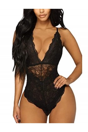 EVELIFE Body Femme Dentelle Col V sans Manche, Sexy Teddy Lingerie Dos Nu sous-Vêtements De Nuit, Babydoll Lingerie Transpare
