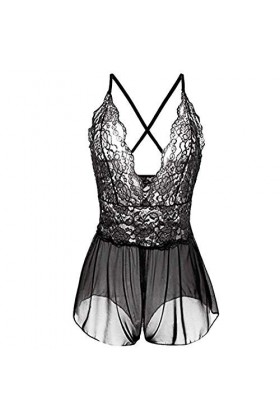 KELITCH Combinaison en Dentelle Rouge pour Femmes Lingerie Sexy col en v col Licou Nuisette Pyjama Sexy Haut Push Up Soutien-