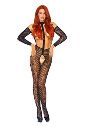 Leg Avenue Body en Résille avec Effet Laçage à lavant/Bas Attachés Noir Taille Unique