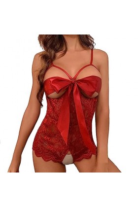 SooYoove. Lingerie Sexy. Body Transparent Ouvert. Ruban. V3. Rouge XL 