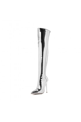 WOkismD 12CM / 4.72IN Catwalk Sur-Le-Genou Bottes Argent Miroir En Cuir Verni Bout Pointu Super Haut Talon Stiletto Hautes Bo