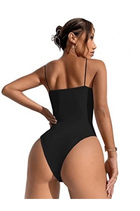 GORGLITTER Cami Body pour femme avec col en V profond Body sexy à bretelles spaghetti Body sans manches Top pour femme, Noir 