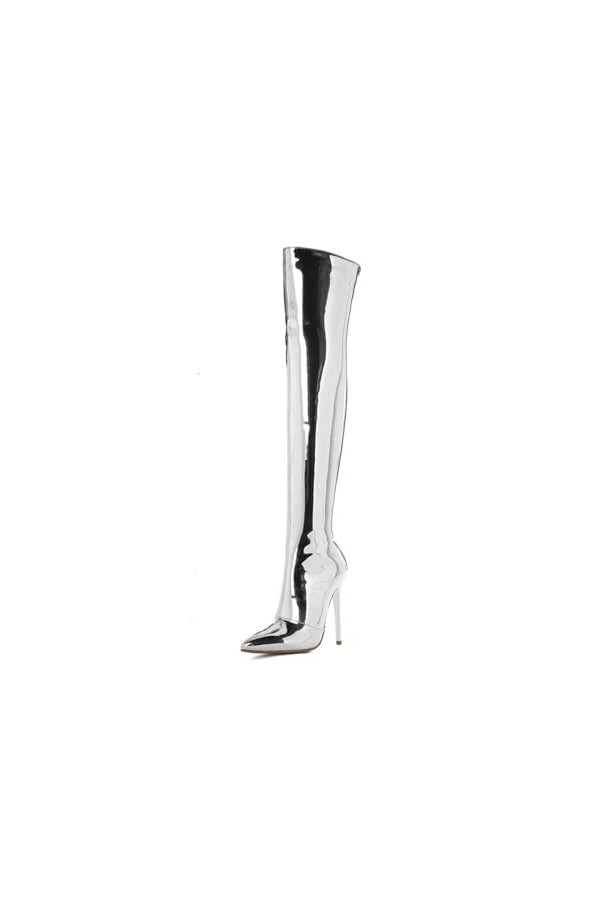 WOkismD 12CM / 4.72IN Catwalk Sur-Le-Genou Bottes Argent Miroir En Cuir Verni Bout Pointu Super Haut Talon Stiletto Hautes Bo