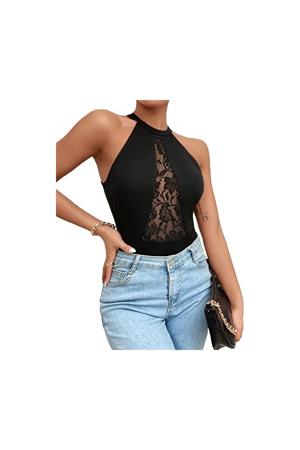 GORGLITTER Body dos nu en maille sans manches pour femme, Noir avec maille, XS