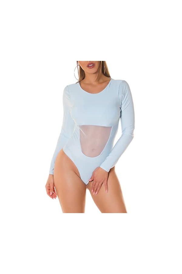 Koucla Shiny Body Top à manches longues avec empiècement en maille chaude, bleu clair, taille unique