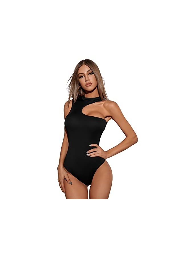 GORGLITTER Body avec Cut Out Femme Body avec Encolure Sexy Body Une Épaules Nues Haut Asymétrique Haut Noir, Noir , L