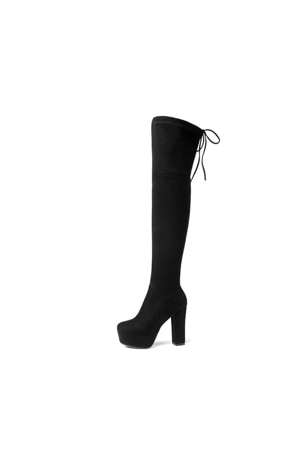 WOkismD 12CM / 4.72IN Round Toe Semelle épaisse Plate-forme imperméable à leau Talon épais Haute Élastique Bottes Femmes Sup