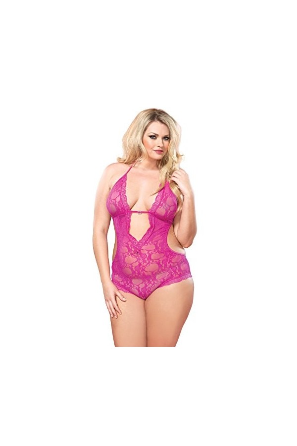 Leg Avenue 81375Q Teddy Halter en Dentelle Florale Stretch Décolleté Plongeant Rose Vif Grande Taille Eur 44-48