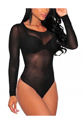 SEBOWEL Bodys Femme sexy en maille fine Combinaison à Body à manches courtes Bodysuit Clubwear