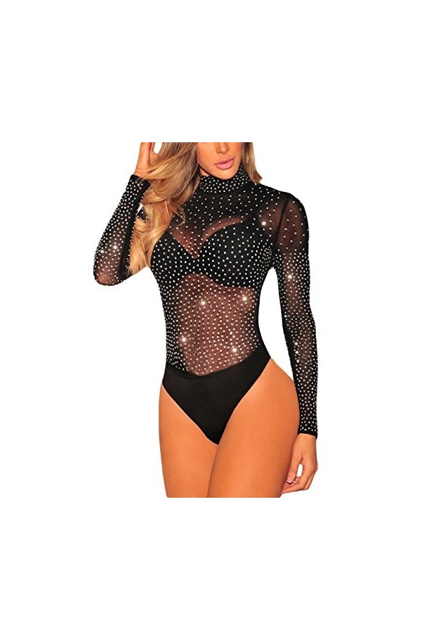 SEBOWEL Bodys Femme sexy en maille fine Combinaison à Body à manches courtes Bodysuit Clubwear