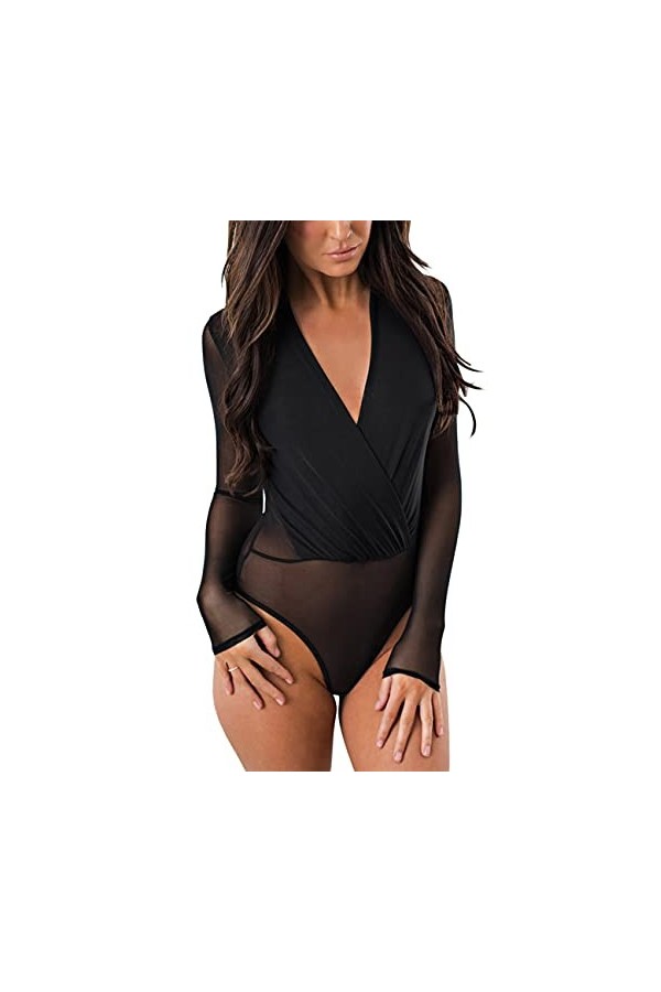 SEBOWEL Bodys Femme sexy en maille fine Combinaison à Body à manches courtes Bodysuit Clubwear