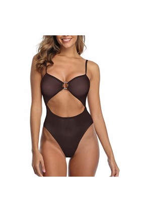 SHERRYLO Maillot de bain une pièce transparent pour femme - Monokini sexy en maille - Noir, noir, Taille L
