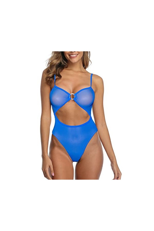 SHERRYLO Maillot de bain une pièce transparent pour femme - Monokini sexy en maille - Noir, noir, Taille L