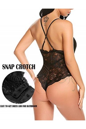 Wearella Babydoll pour femme Entrejambe avec bouton-pression Décolleté plongeant en V Combinaison 1 pièce - Noir - Small