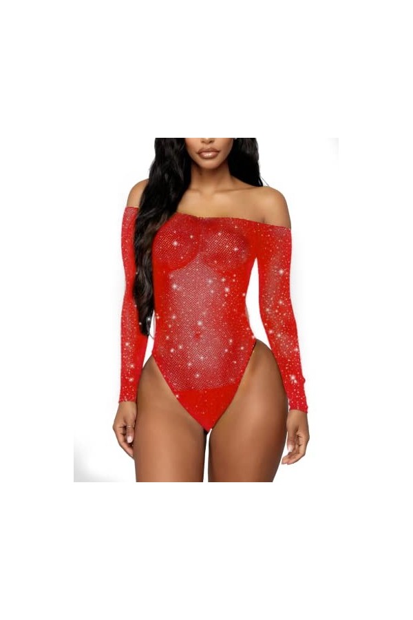 RSLOVE Body sexy à manches longues en résille pour femme, Noir , taille unique