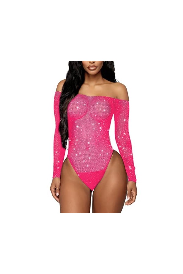 RSLOVE Body sexy à manches longues en résille pour femme, Noir , taille unique