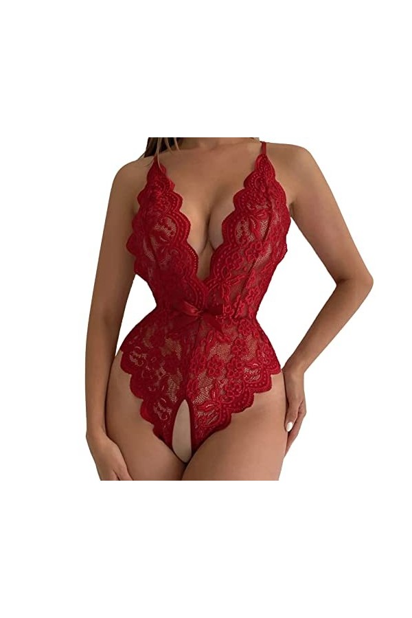 Vinesand Body Sexy Femme érotique Femmes Deep V Halter Lingerie Teddy One-Piece Body Dentelle Vêtements de Nuit Transparent O