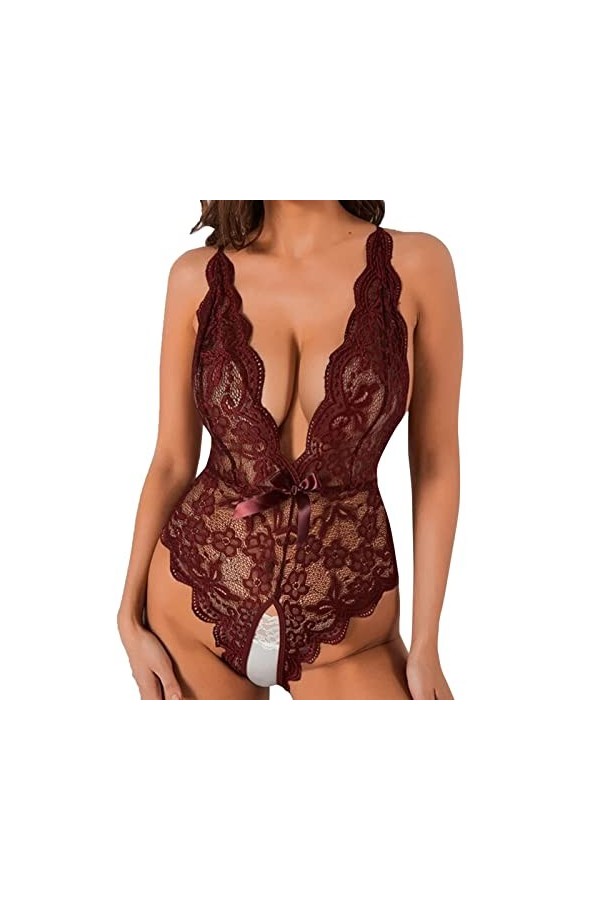 Vinesand Body Sexy Femme érotique Femmes Deep V Halter Lingerie Teddy One-Piece Body Dentelle Vêtements de Nuit Transparent O