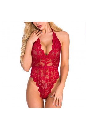 Sexoo Body en V-Cou Sexy en Dentelle avec Nuisettes Teddy Lingerie Dos Nu sous-Vêtements De Nuit Transparent Ouverte pour Fem