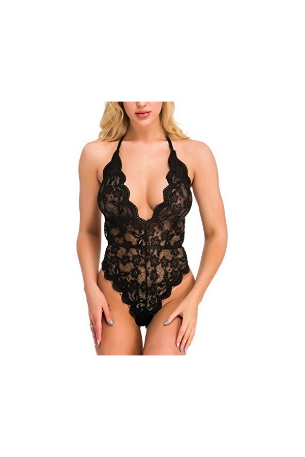 Sexoo Body en V-Cou Sexy en Dentelle avec Nuisettes Teddy Lingerie Dos Nu sous-Vêtements De Nuit Transparent Ouverte pour Fem