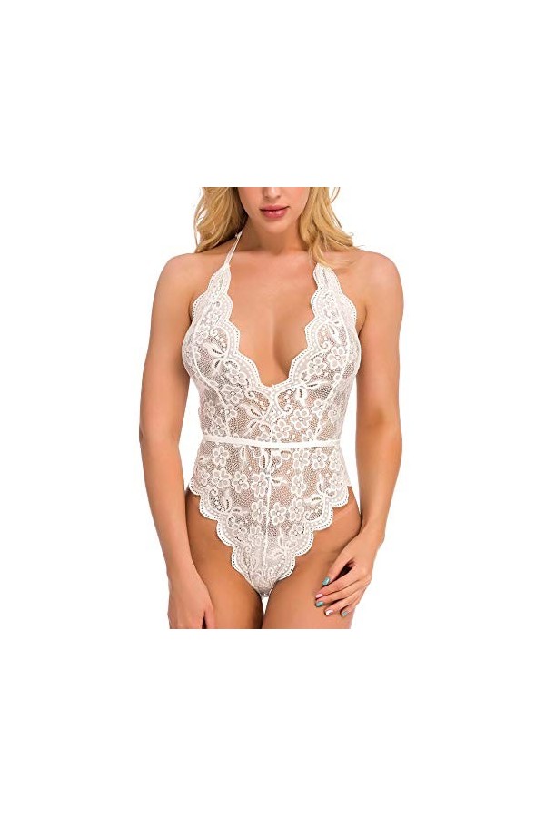 Sexoo Body en V-Cou Sexy en Dentelle avec Nuisettes Teddy Lingerie Dos Nu sous-Vêtements De Nuit Transparent Ouverte pour Fem