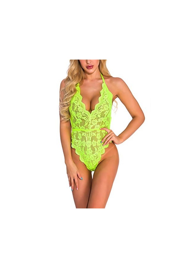 Sexoo Body en V-Cou Sexy en Dentelle avec Nuisettes Teddy Lingerie Dos Nu sous-Vêtements De Nuit Transparent Ouverte pour Fem