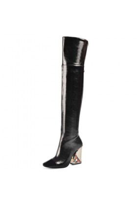 WOkismD 10 CM/3.93IN Sexy Épais Talon Carré Orteil Mi-Mollet Sur-Le-Genou Bottes T Étape Catwalk Étape Performance Talons Hau