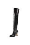 WOkismD 10 CM/3.93IN Sexy Épais Talon Carré Orteil Mi-Mollet Sur-Le-Genou Bottes T Étape Catwalk Étape Performance Talons Hau