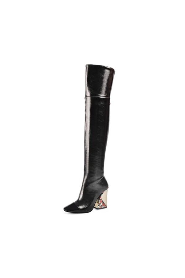 WOkismD 10 CM/3.93IN Sexy Épais Talon Carré Orteil Mi-Mollet Sur-Le-Genou Bottes T Étape Catwalk Étape Performance Talons Hau