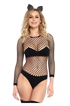 Leg Avenue 89164 Kitty Polissonne Body en Résille Industrielle avec Queue Tissée à lArrière Noir Taille S/M 36-38