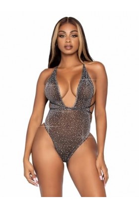 Leg Avenue Shimmer Sheer Lurex Rhinestone Teddy Lingerie, Noir/argenté, Taille Unique Lot de 2 Femme