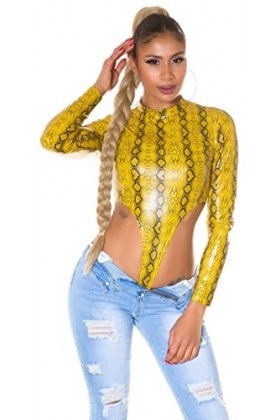 Koucla Ultra sexy High Cut Wet Look Snake Body Top, jaune, S