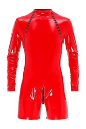Aiihoo Combinaison Homme Sexy Latex Manches Longues Catsuit Cuir Verni Leotard Lingerie Zip Jumpsuit Wetlook Body Erotique Ga