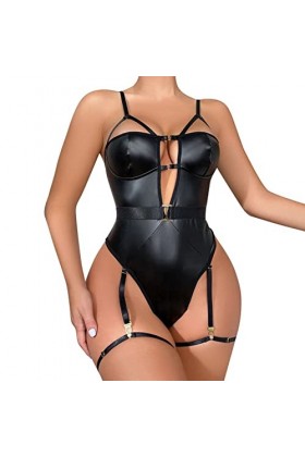 Générique iYmitz Lingerie pour Femmes 1 PC Cuir Teddy Body Lingerie Sexy découpe épaules dénudées Joint PU à Lacets jarretièr
