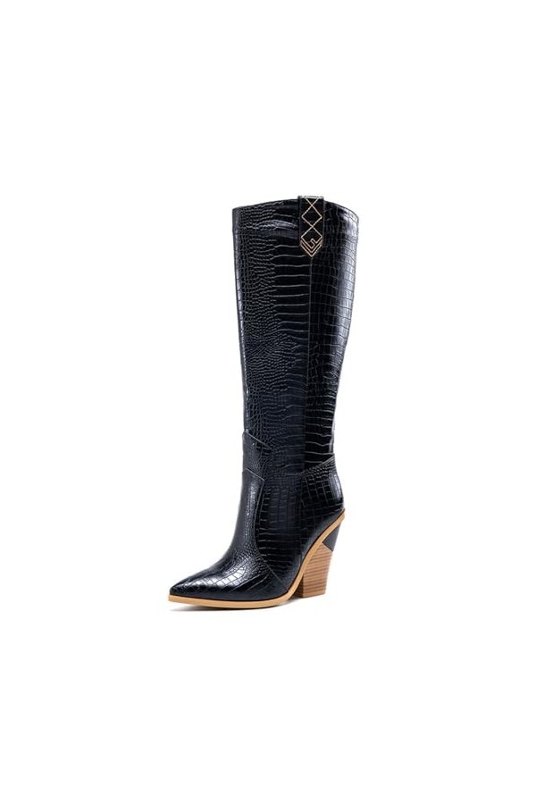 WOkismD 10CM/3.93IN Sexy Femmes Épais Talon Genou Haut Talon Bottes Bout Pointu Slip-On Bottes Mode Talons Hauts Talons Hauts