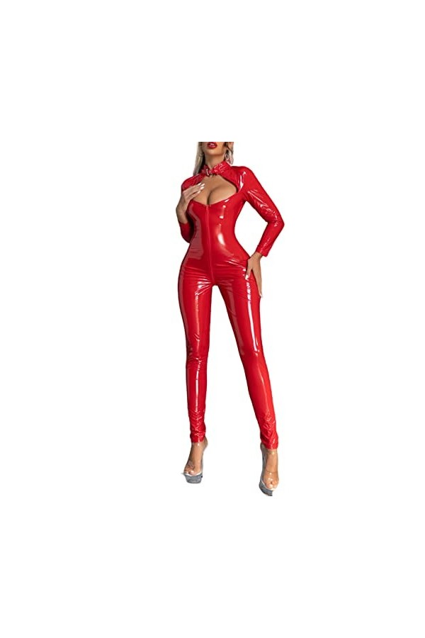 Aiihoo Combinaison Sexy en Cuir pour Femme Lingerie Wetlook Body à Manches Longues Combinaison en Cuir Clubwear Rouge 3XL