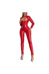 Aiihoo Combinaison Sexy en Cuir pour Femme Lingerie Wetlook Body à Manches Longues Combinaison en Cuir Clubwear Rouge 3XL