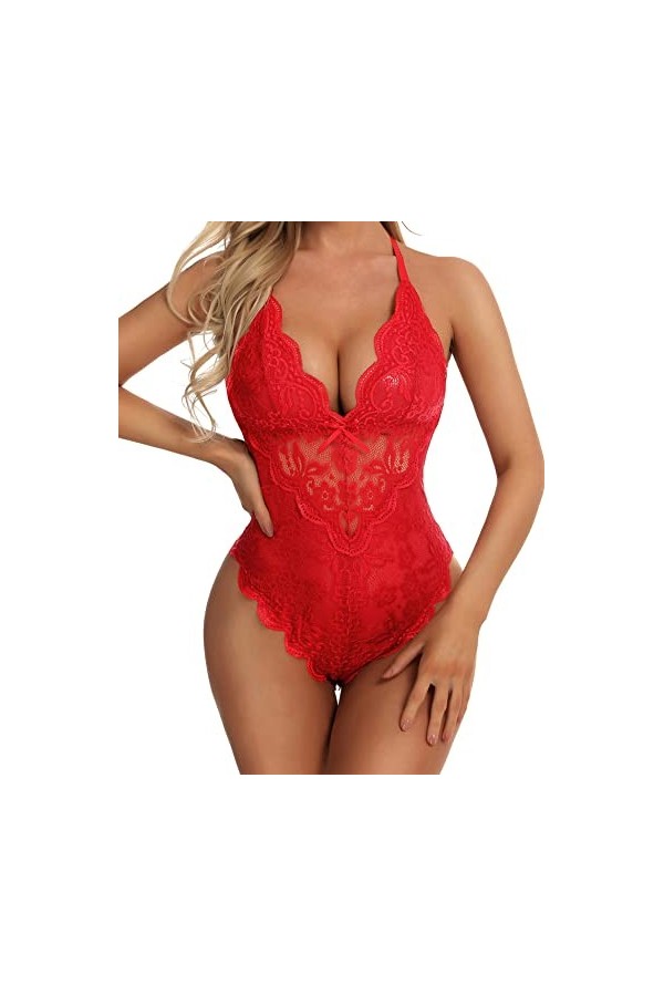 Aranmei Body sexy à lentrejambe pour femme coquine une pièce en dentelle, Rouge, XL