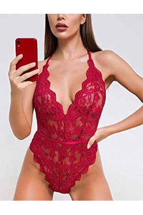Sexoo Body en V-Cou Sexy en Dentelle avec Nuisettes Teddy Lingerie Dos Nu sous-Vêtements De Nuit Transparent Ouverte pour Fem