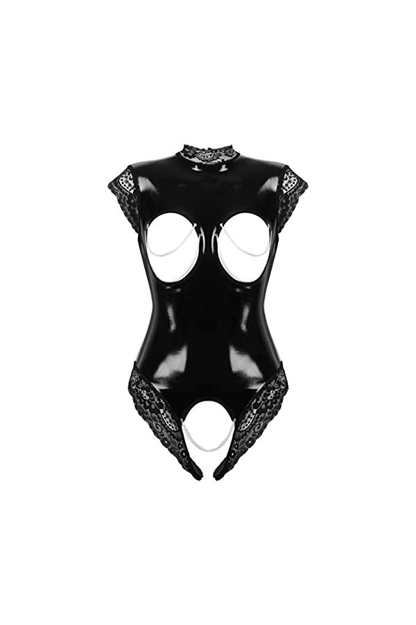 Agoky Body String Cuir Vernie Sexy Ouvert Jumpsuit Femmes Bodysuit Dos Nu Chaîne Bandage Jeu De Rôle Catsuit Lingerie Nuit So