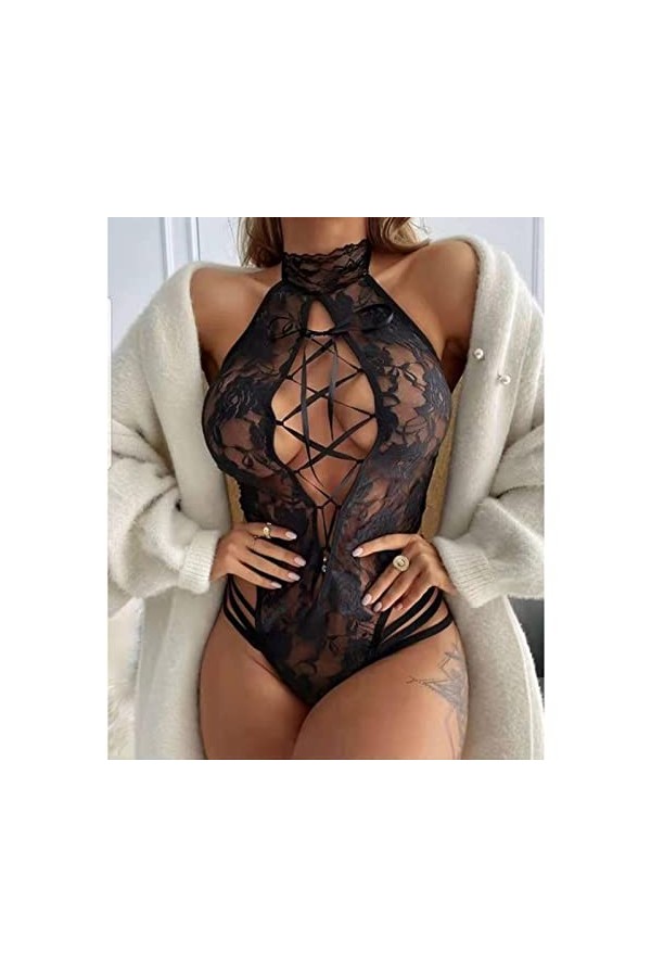 ASRX Body One Piece Black V-Cou Lingerie Hot Erotic Teddies Body Sexy Femmes Dentelle Florale Sexy Costume Plus La Taille S-3